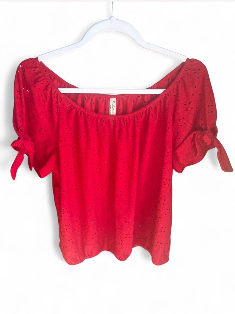 Summer Festival Cherry Red Feminine Boat Neck Eyelet Cottagecore Blouse L